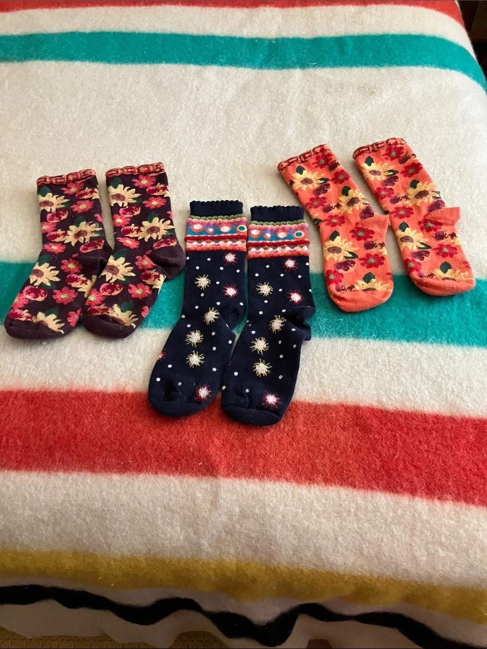 Girls' Floral & Star Print Crew Socks - Navy, Purple, Orange